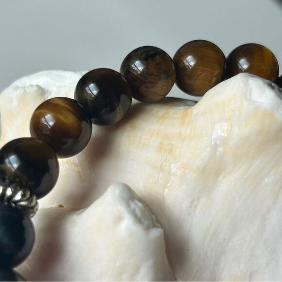 Yellow and navy Tiger Eye Beaded Bracelet 10mm sterling silver 17-19cm wrist - Picture 7 of 7